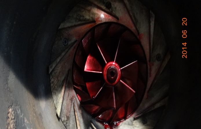 IHI TRE60 3rd-stage impeller dye penetrant test in progress