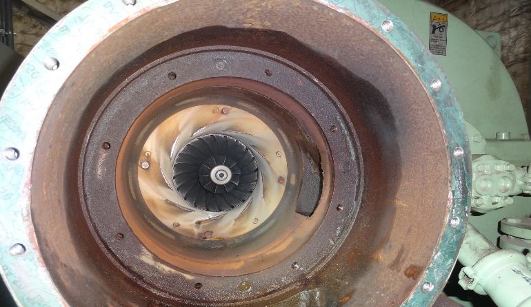 IHI TX-A 2nd-stage volute before grinding — rusted