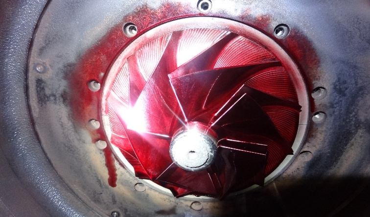 IHI TX-A 1st-stage impeller dye penetrant test with red developer