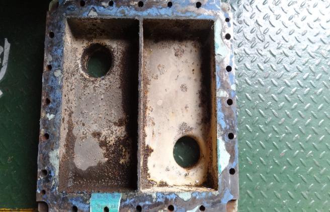 IHI TRA350KW 1st stage intercooler front end cover as found with heavy scale