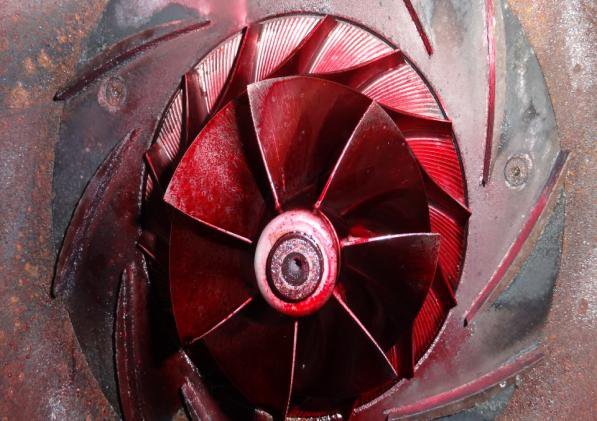 IHI TRA350KW 2nd stage impeller with dye penetrant applied during test