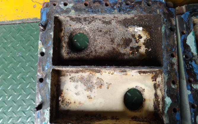 IHI TRA350KW 2nd stage intercooler front end cover as found with heavy scale