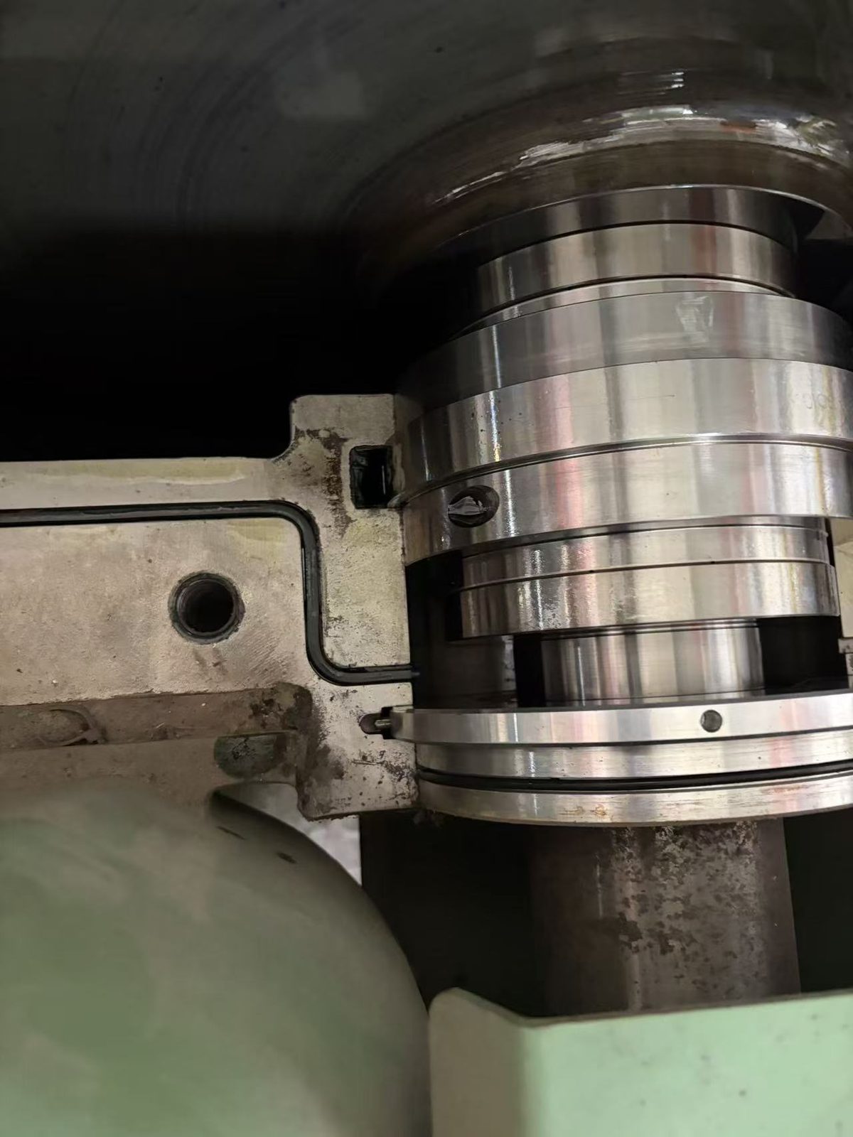Ingersoll Rand / Cameron MSG overhaul — pinion shaft, bearing housing and labyrinth seal assembly close-up
