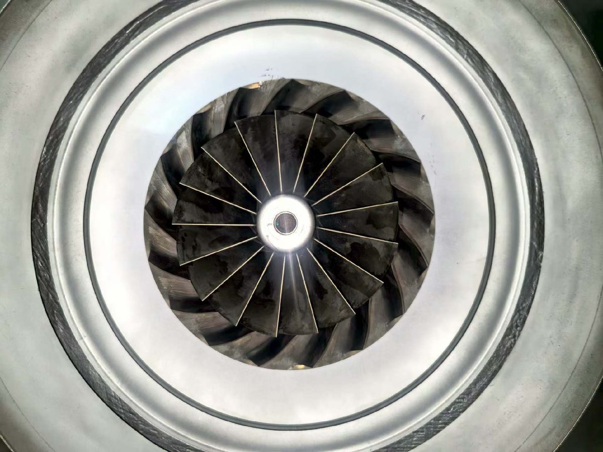 Cameron TA6000 overhaul — impeller blades viewed through the stage volute after cleaning