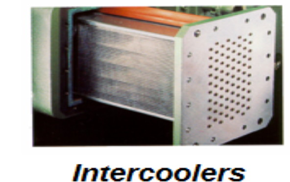 Cameron TA3000 intercooler bundle close-up showing the finned air-side core and the drilled tube sheet with water tubes passing through it, water-in-tube construction used on Turbo Air 3000 first and second stage intercoolers
